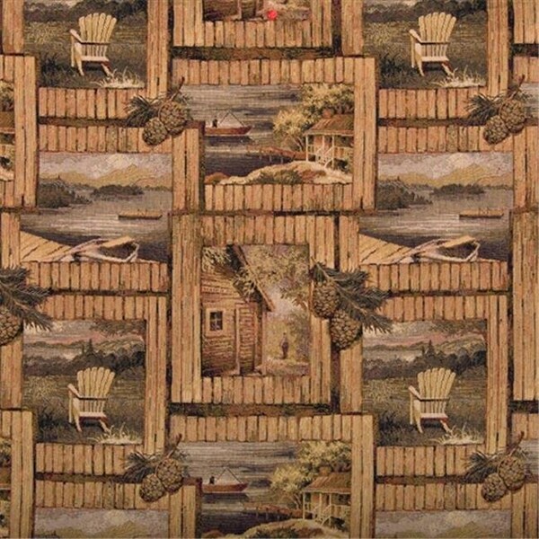 Designer Fabrics A001 54 in. Wide ; Rustic Cabin Scene With Fishing Boat; Chair And Acorns; Themed Tapestry Upholstery Fabric A001 - main